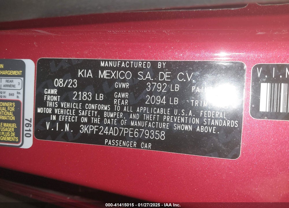 2023 KIA FORTE LXS VIN: 3KPF24AD7PE679358
