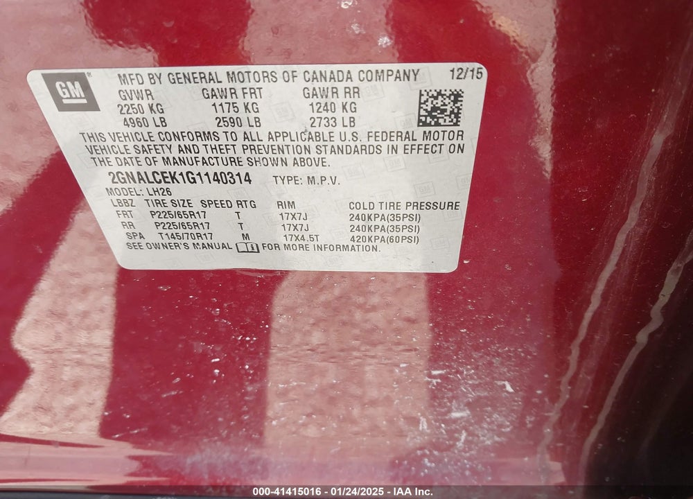 2016 CHEVROLET EQUINOX LT VIN: 2GNALCEK1G1140314