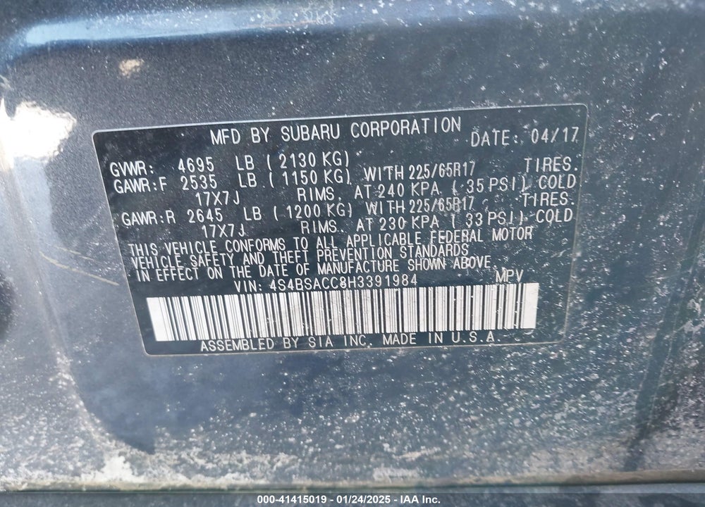 2017 SUBARU OUTBACK VIN: 4S4BSACC8H3391984