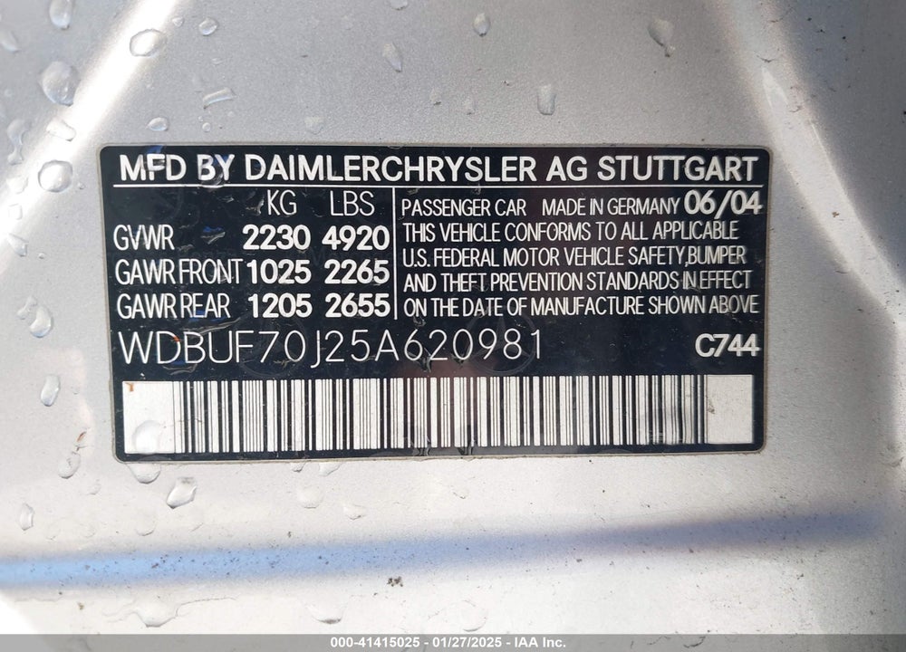 2005 MERCEDES-BENZ E 500 VIN: WDBUF70J25A620981