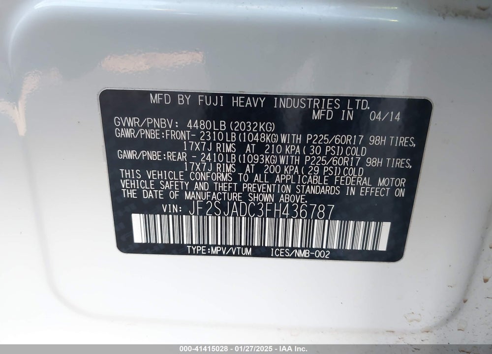 2015 SUBARU FORESTER 2.5I PREMIUM VIN: JF2SJADC3FH436787