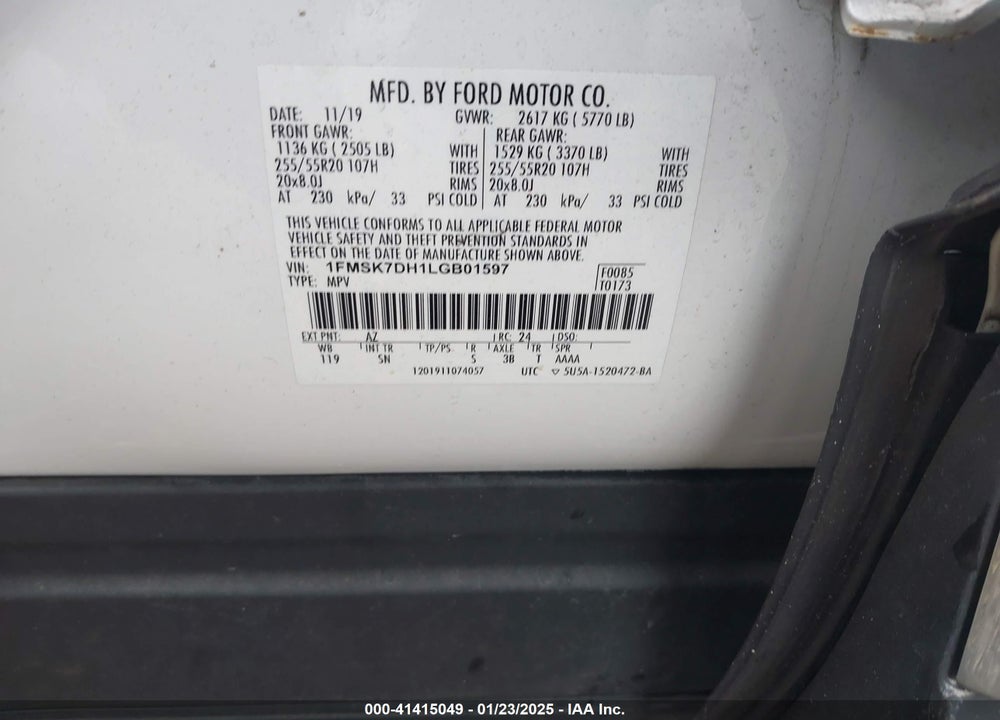 2020 FORD EXPLORER XLT VIN: 1FMSK7DH1LGB01597