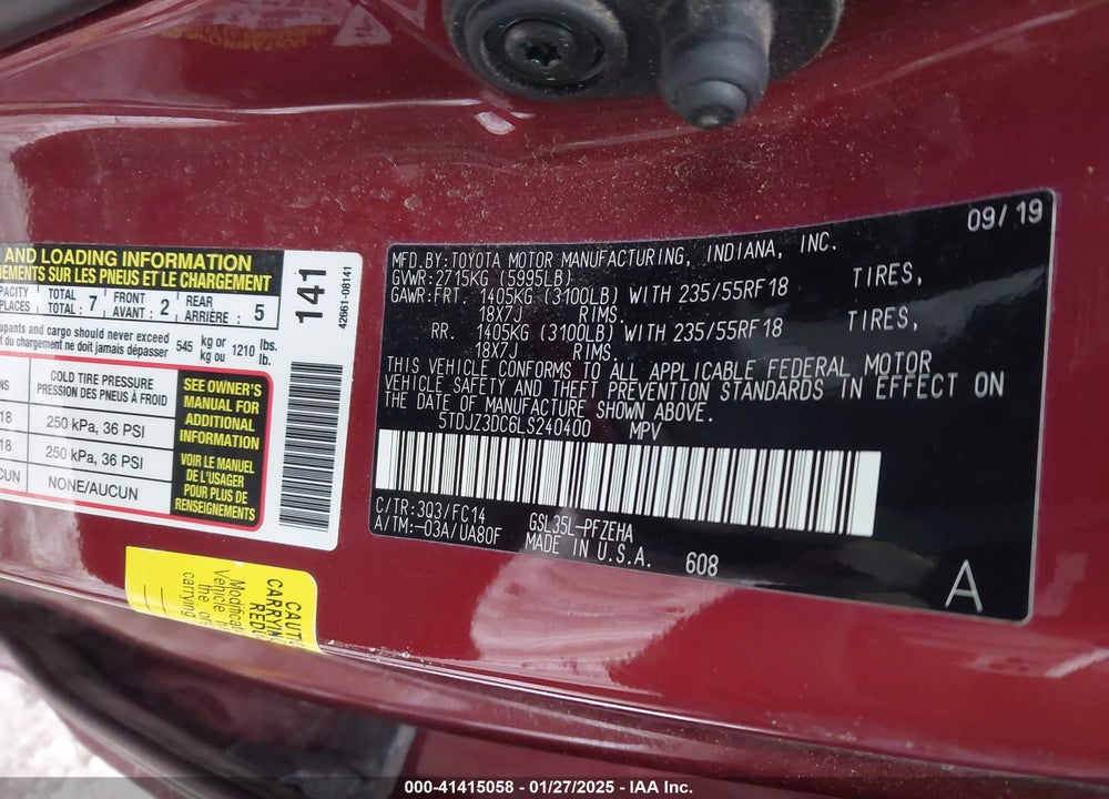 2020 TOYOTA SIENNA LE VIN: 5TDJZ3DC6LS240400