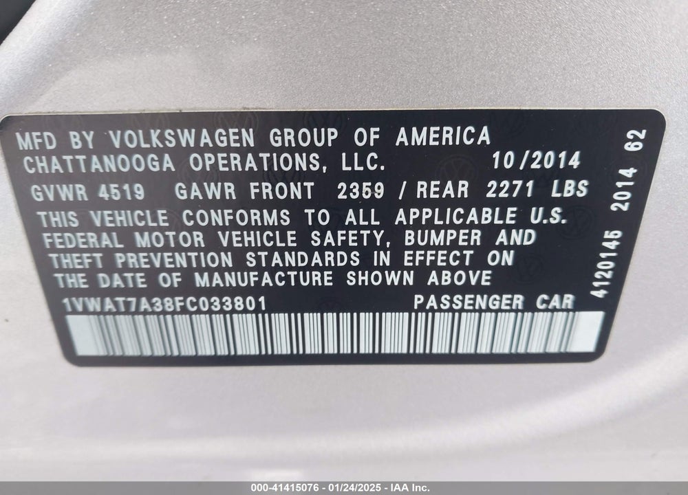 2015 VOLKSWAGEN PASSAT 1.8T WOLFSBURG EDITION VIN: 1VWAT7A38FC033801