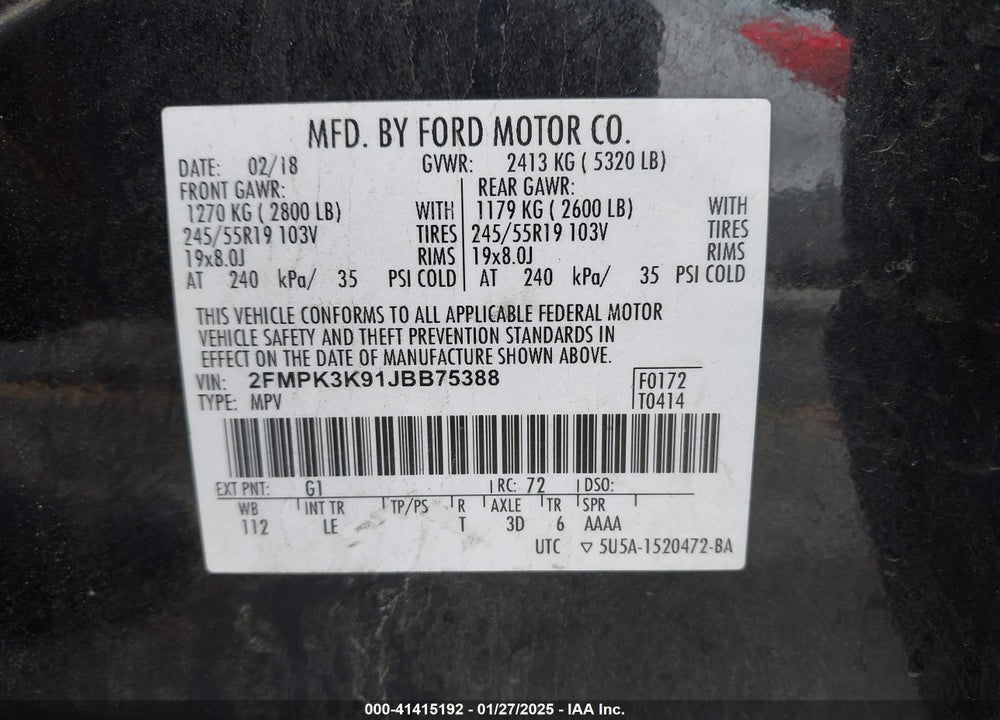 2018 FORD EDGE TITANIUM VIN: 2FMPK3K91JBB75388
