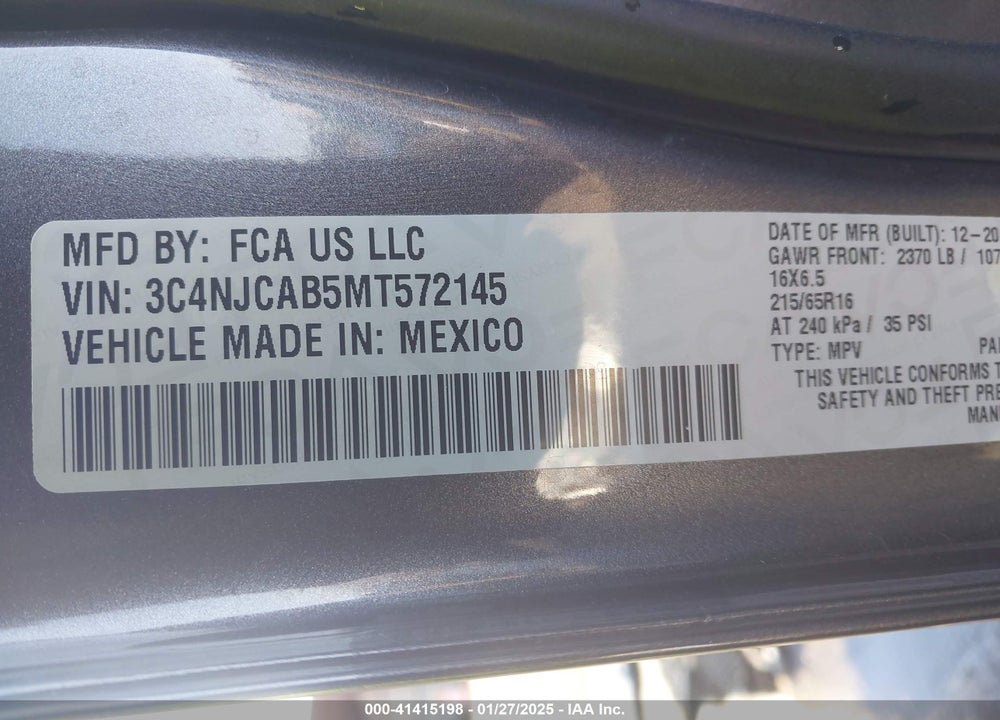 2021 JEEP COMPASS VIN: 3C4NJCAB5MT572145