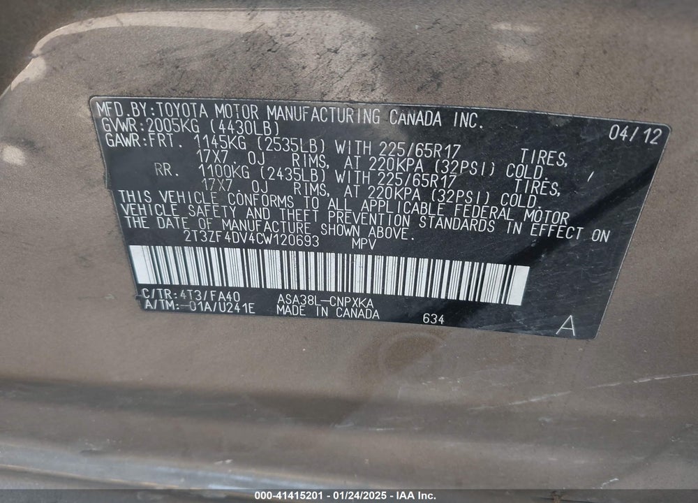 2012 TOYOTA RAV4 VIN: 2T3ZF4DV4CW120693