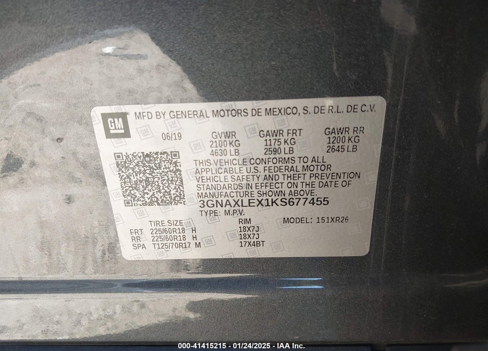 2019 CHEVROLET EQUINOX LT VIN: 3GNAXLEX1KS677455