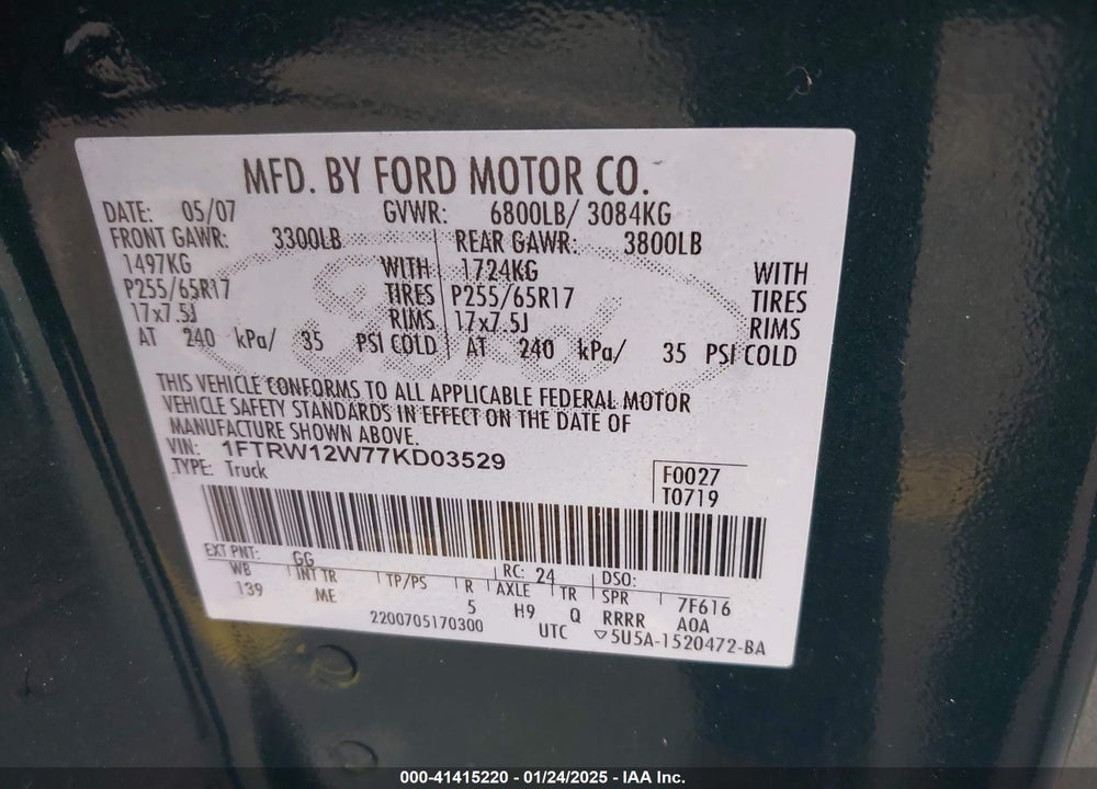 2007 FORD F-150 VIN: 1FTRW12W77KD03529