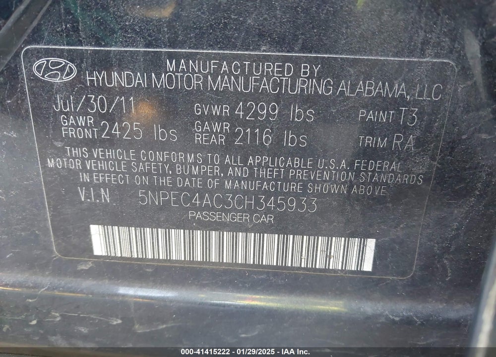2012 HYUNDAI SONATA LIMITED VIN: 5NPEC4AC3CH345933