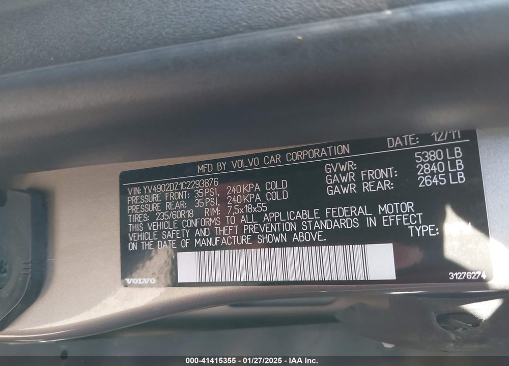 2012 VOLVO XC60 T6 PREMIER PLUS VIN: YV4902DZ1C2293876