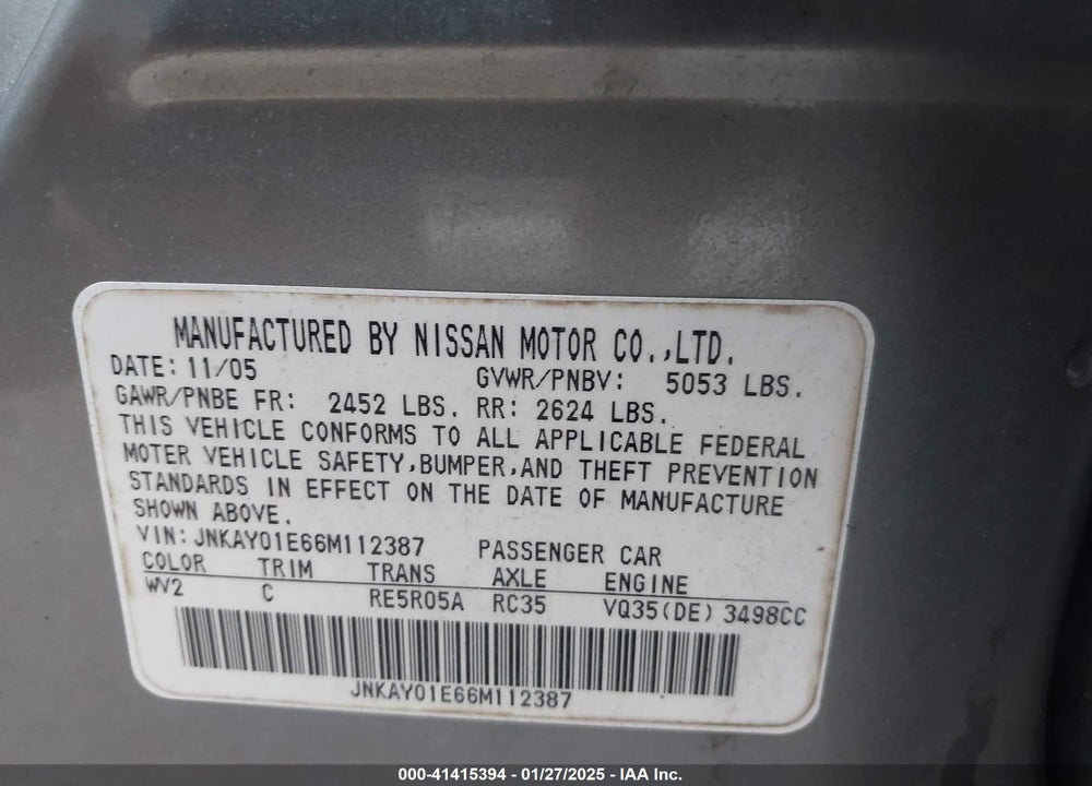 2006 INFINITI M35 VIN: JNKAY01E66M112387