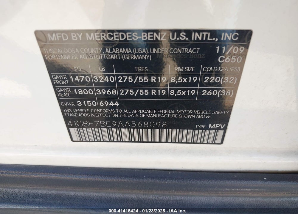 2010 MERCEDES-BENZ GL 450 4MATIC VIN: 4JGBF7BE9AA568098