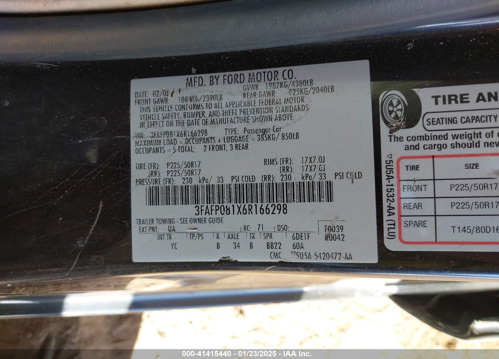 2006 FORD FUSION SEL VIN: 3FAFP081X6R166298