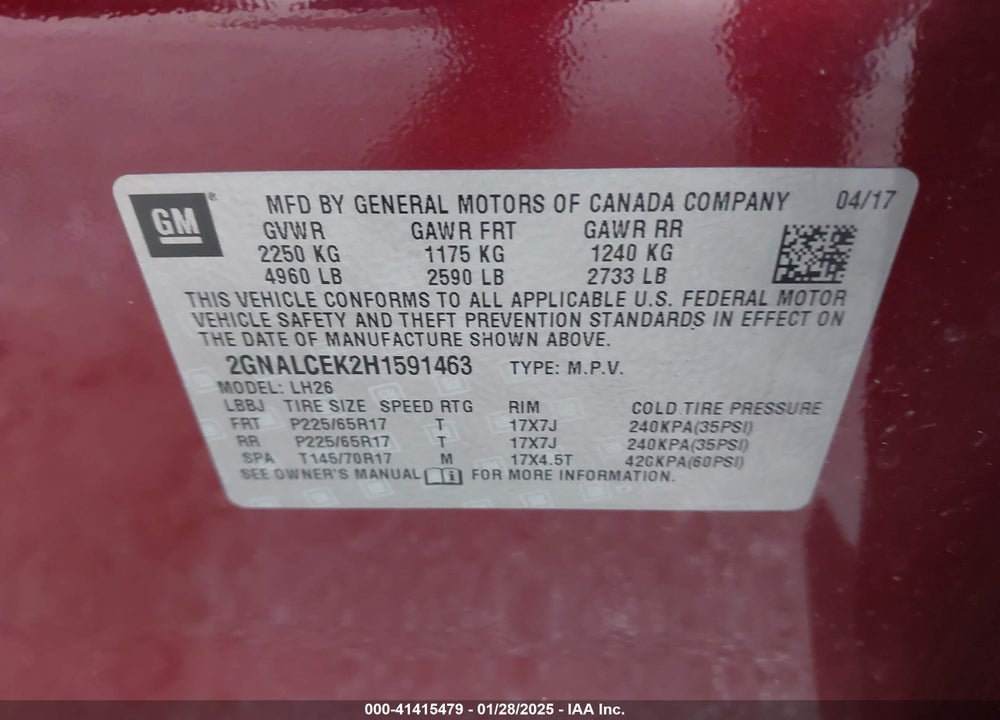 2017 CHEVROLET EQUINOX VIN: 2GNALCEK2H1591463