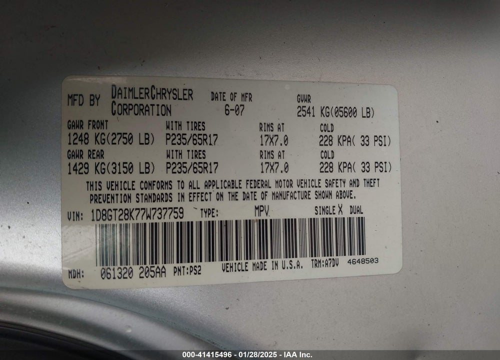 2007 DODGE NITRO SXT VIN: 1D8GT28K77W737759