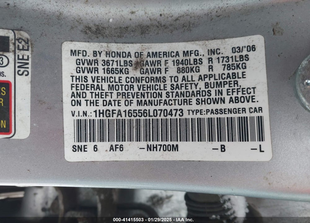 2006 HONDA CIVIC LX VIN: 1HGFA16556L070473