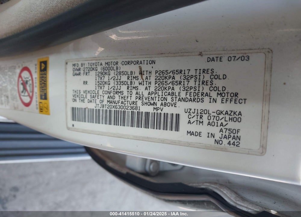 2003 LEXUS GX 470 VIN: JTJBT20X630023681
