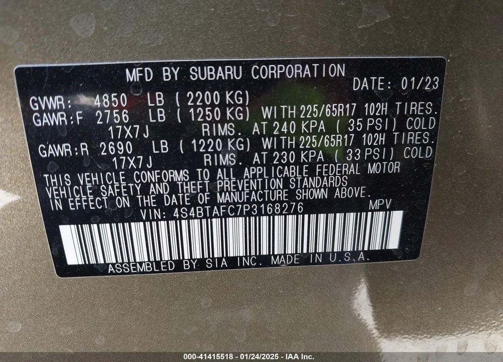 2023 SUBARU OUTBACK PREMIUM VIN: 4S4BTAFC7P3168276