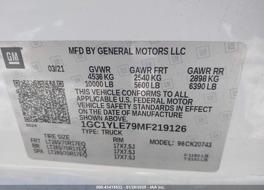 2021 CHEVROLET SILVERADO 2500HD VIN: 1GC1YLE79MF219126