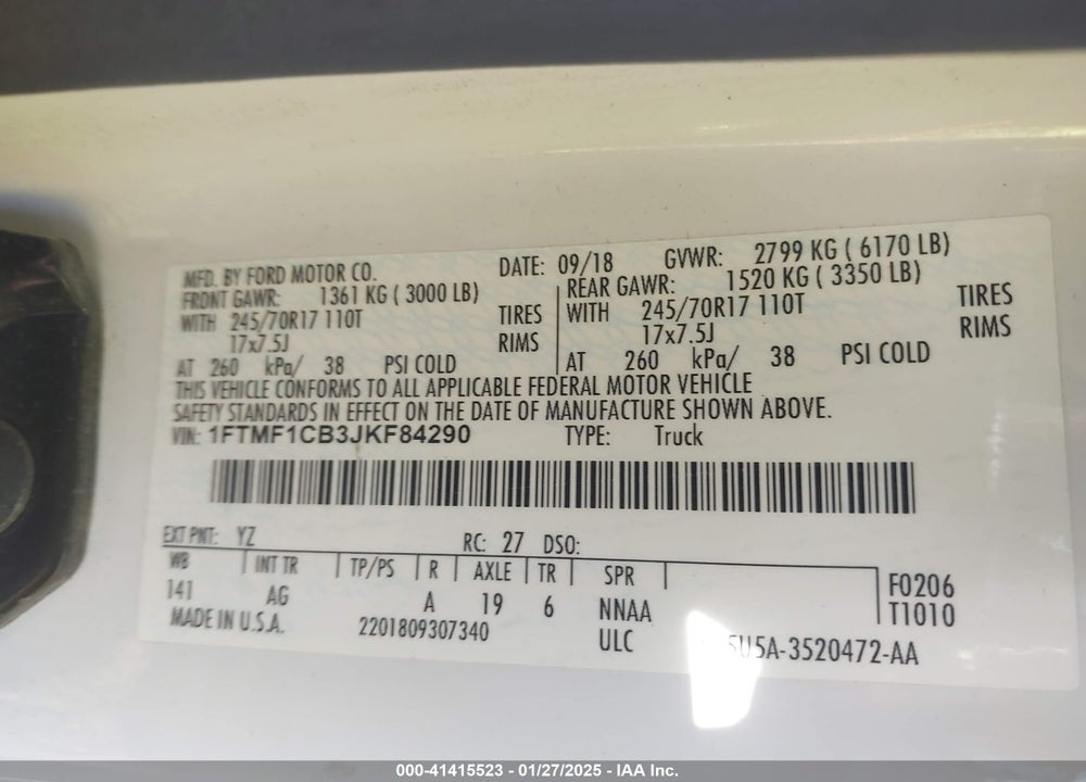 2018 FORD F-150 VIN: 1FTMF1CB3JKF84290