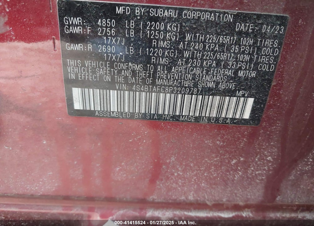 2023 SUBARU OUTBACK PREMIUM VIN: 4S4BTAFC8P3209787