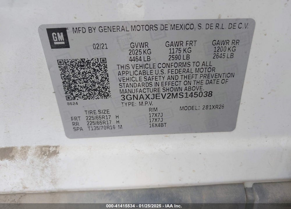 2021 CHEVROLET EQUINOX FWD 2FL VIN: 3GNAXJEV2MS145038