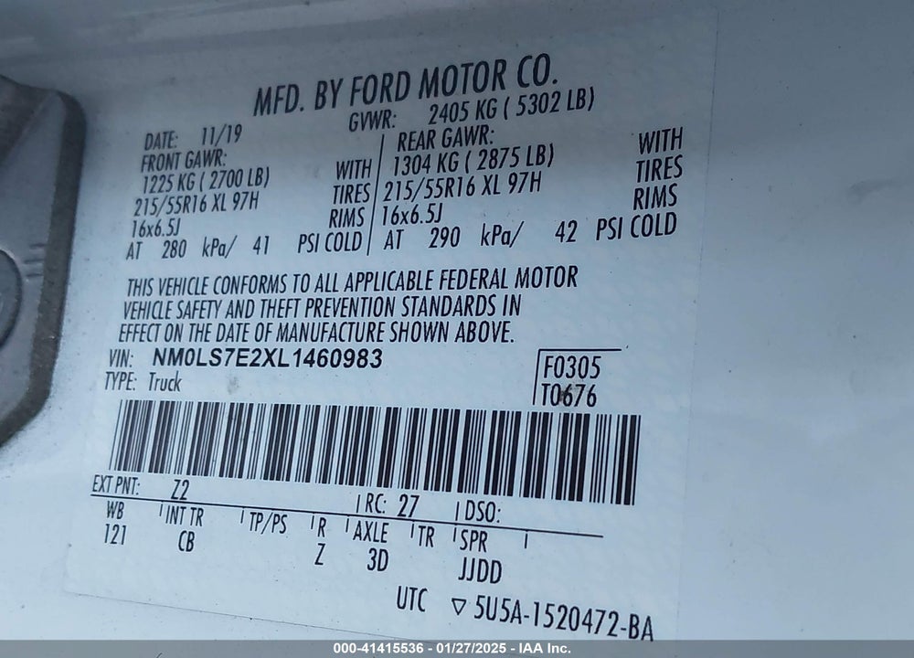 2020 FORD TRANSIT CONNECT XL CARGO VAN VIN: NM0LS7E2XL1460983