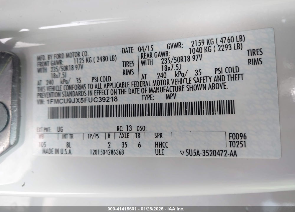 2015 FORD ESCAPE TITANIUM VIN: 1FMCU9JX5FUC39218