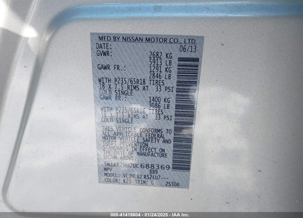 2013 NISSAN PATHFINDER S VIN: 5N1AR2MM7DC688369