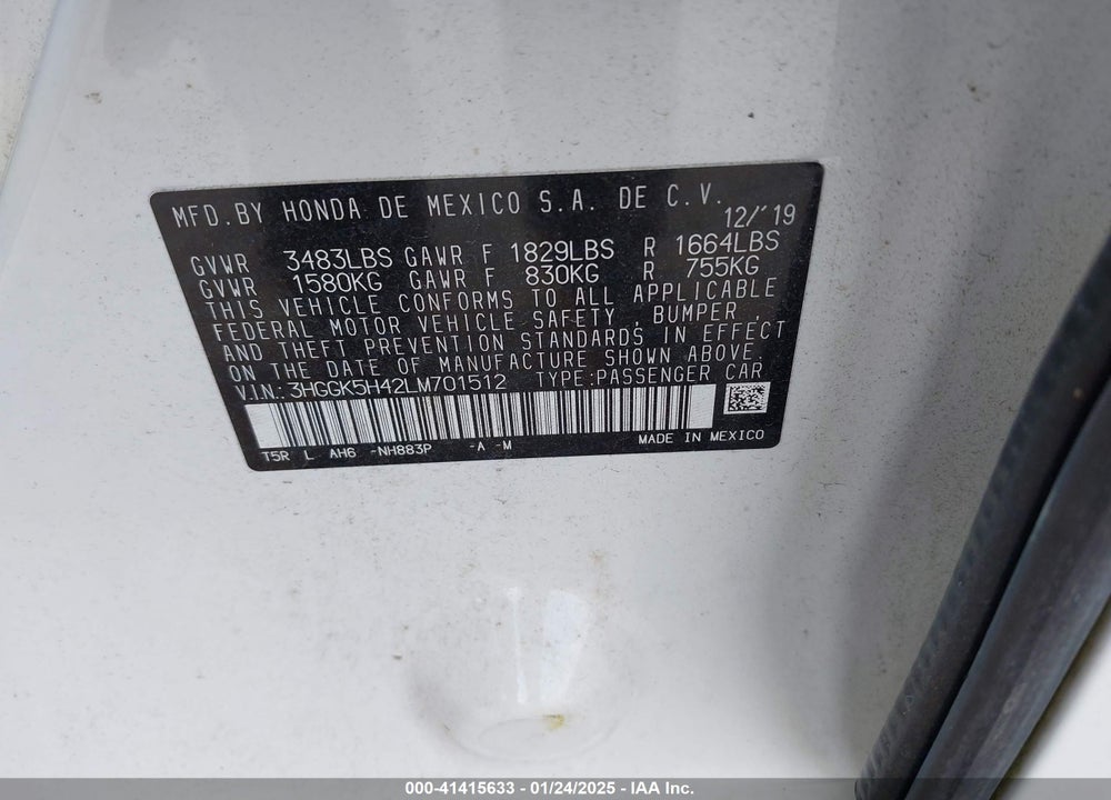 2020 HONDA FIT LX VIN: 3HGGK5H42LM701512