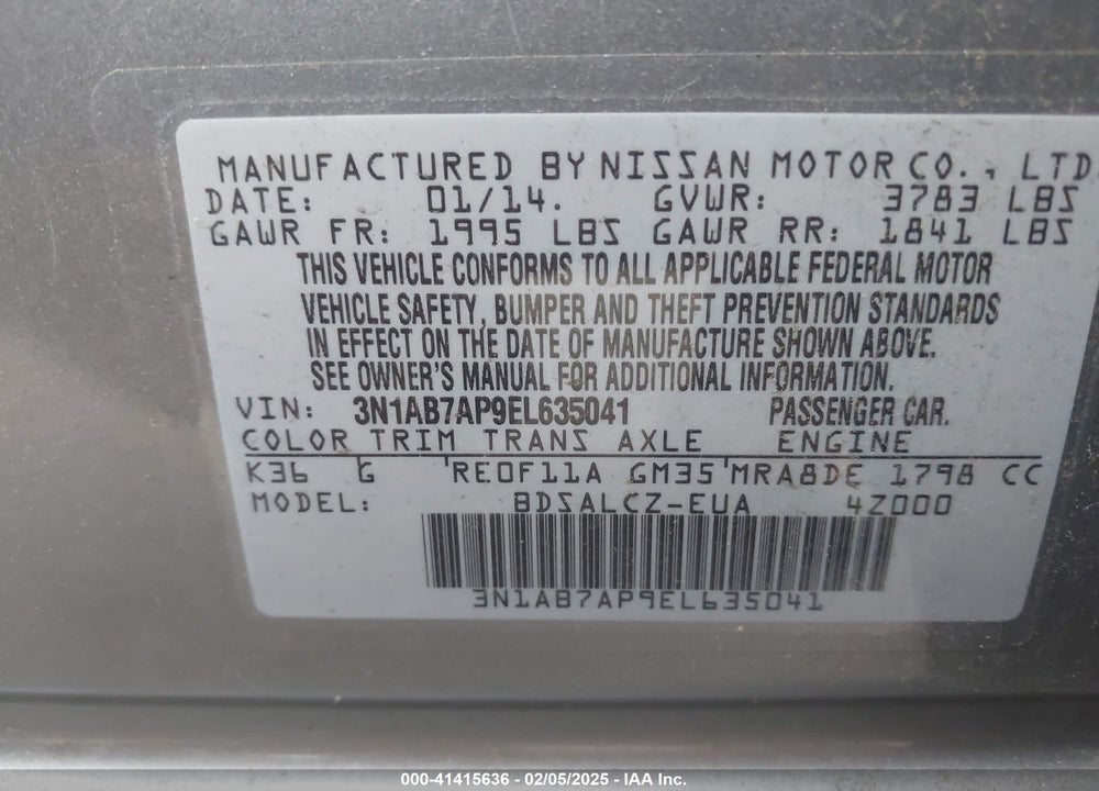 2014 NISSAN SENTRA S VIN: 3N1AB7AP9EL635041
