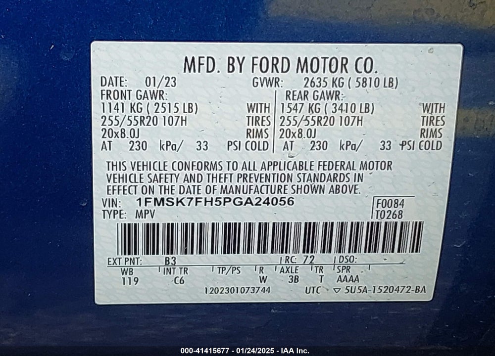 2023 FORD EXPLORER LIMITED VIN: 1FMSK7FH5PGA24056