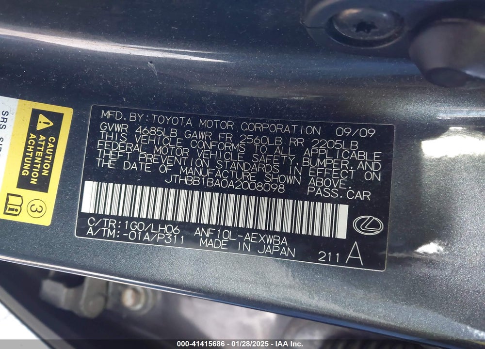 2010 LEXUS HS 250H VIN: JTHBB1BA0A2008098
