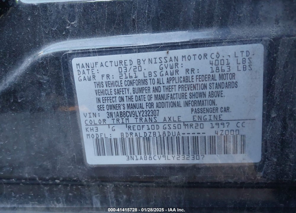 2020 NISSAN SENTRA VIN: 3N1AB8CV9LY232307