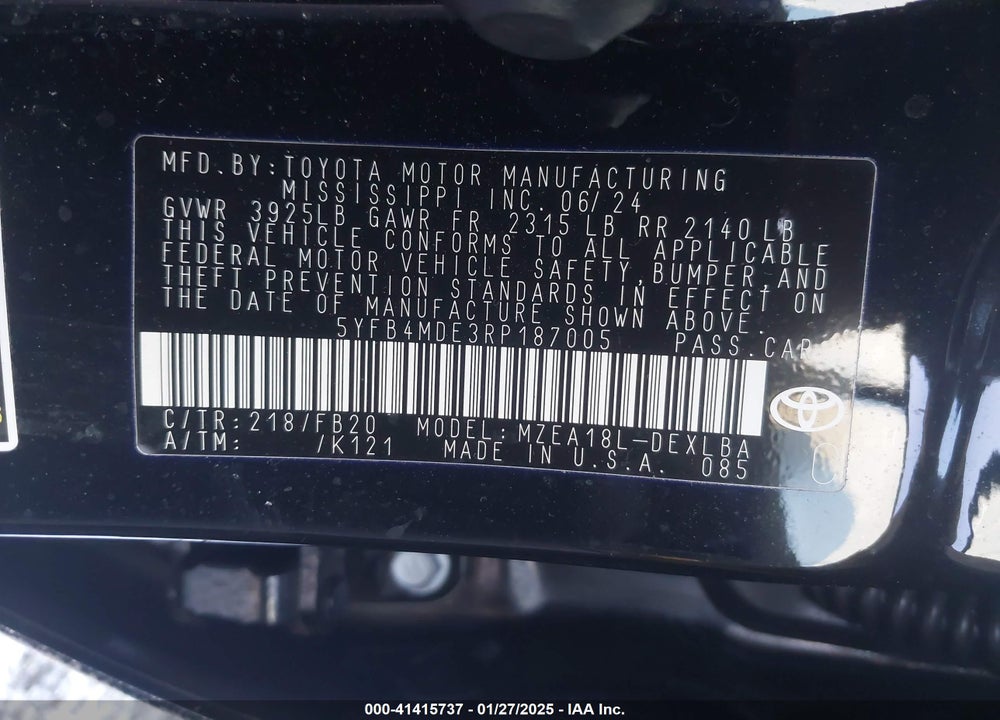 2024 TOYOTA COROLLA LE VIN: 5YFB4MDE3RP187005