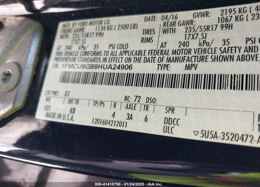 2017 FORD ESCAPE SE VIN: 1FMCU9G99HUA24906