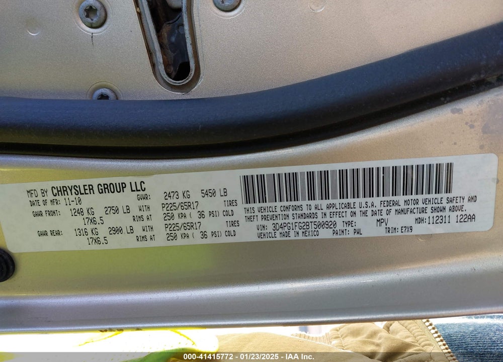 2011 DODGE JOURNEY MAINSTREET VIN: 3D4PG1FG2BT500920