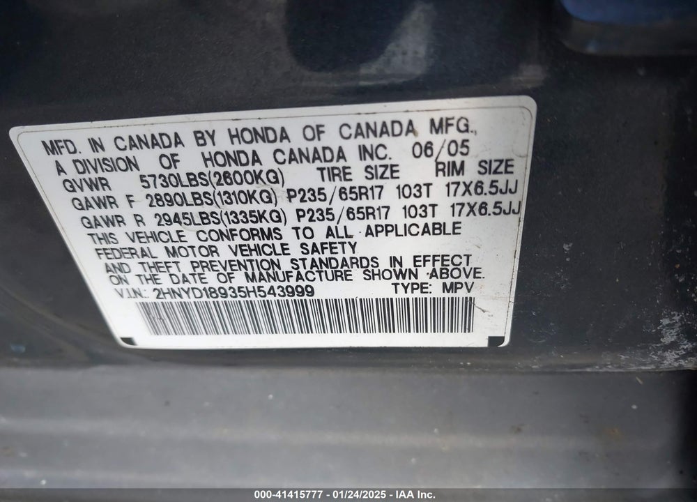 2005 ACURA MDX VIN: 2HNYD18935H543999