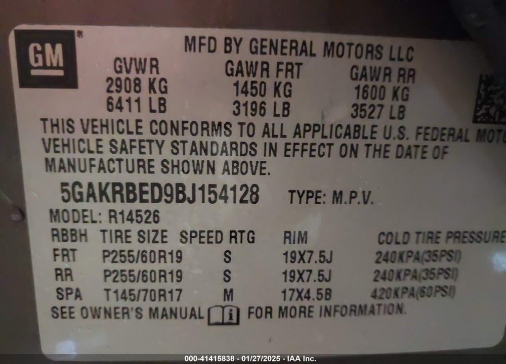 2011 BUICK ENCLAVE 1XL VIN: 5GAKRBED9BJ154128