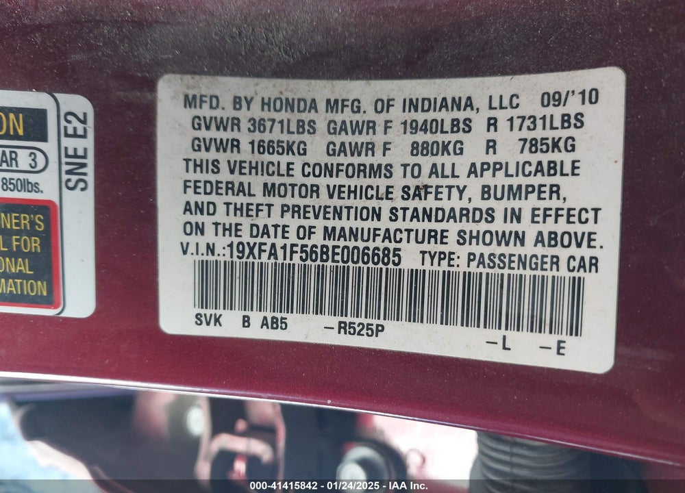 2011 HONDA CIVIC LX VIN: 19XFA1F56BE006685