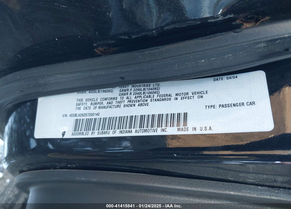 2005 SUBARU LEGACY VIN: 4S3BL626257200140