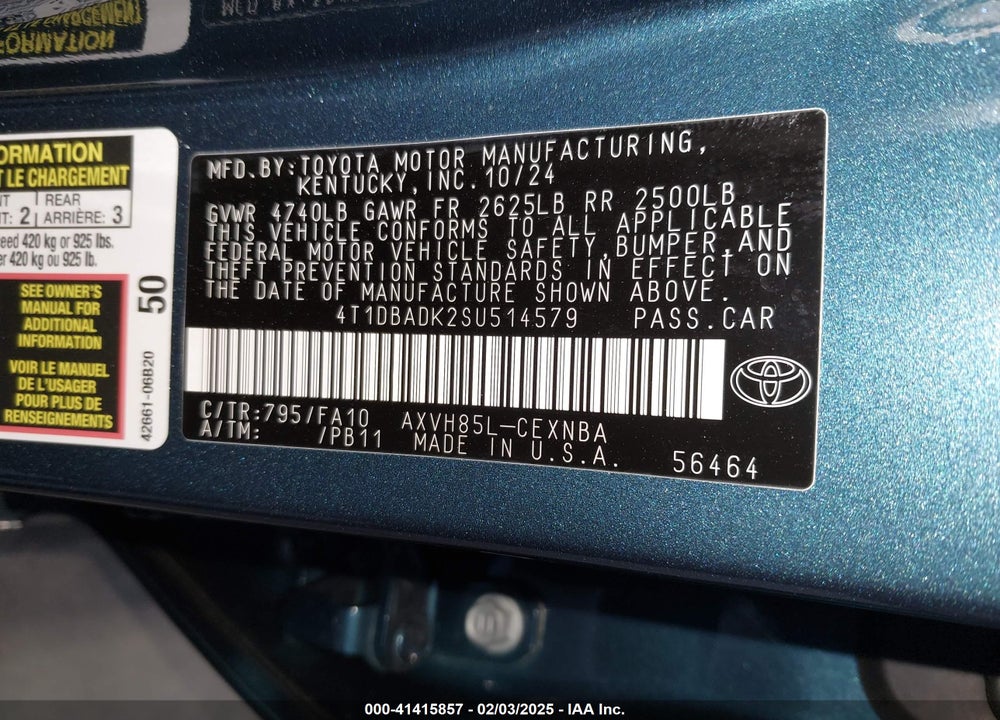 2025 TOYOTA CAMRY VIN: 4T1DBADK2SU514579