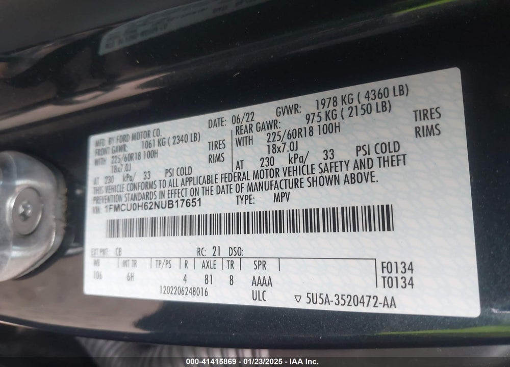 2022 FORD ESCAPE SEL VIN: 1FMCU0H62NUB17651