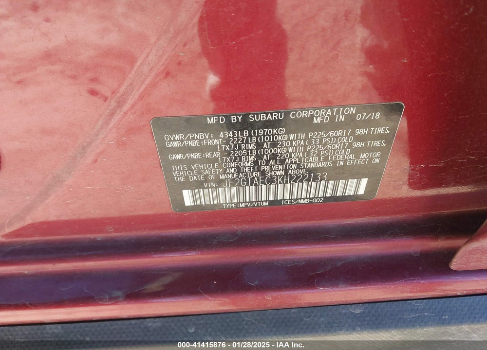 2019 SUBARU CROSSTREK 2.0I PREMIUM VIN: JF2GTAEC3KH222133