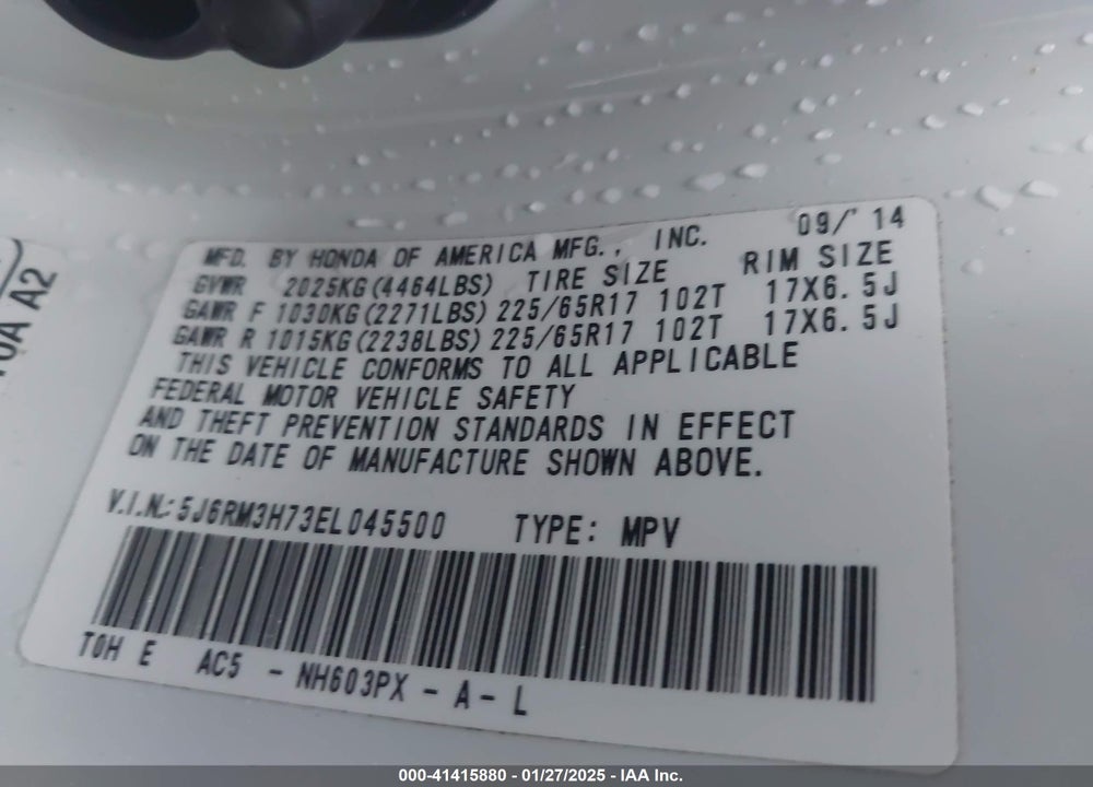 2014 HONDA CR-V EX-L VIN: 5J6RM3H73EL045500
