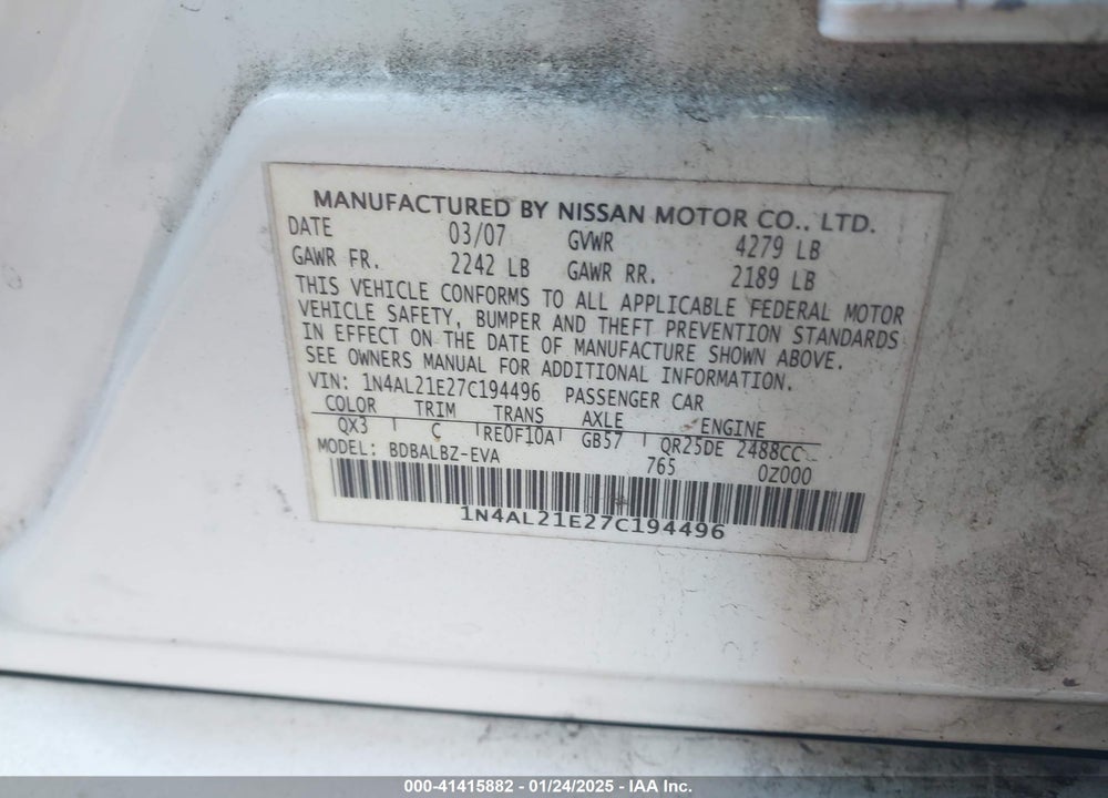 2007 NISSAN ALTIMA 2.5 S VIN: 1N4AL21E27C194496