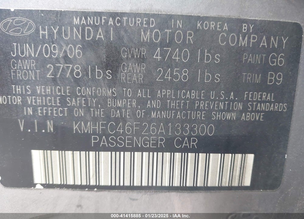 2006 HYUNDAI AZERA VIN: KMHFC46F26A133300