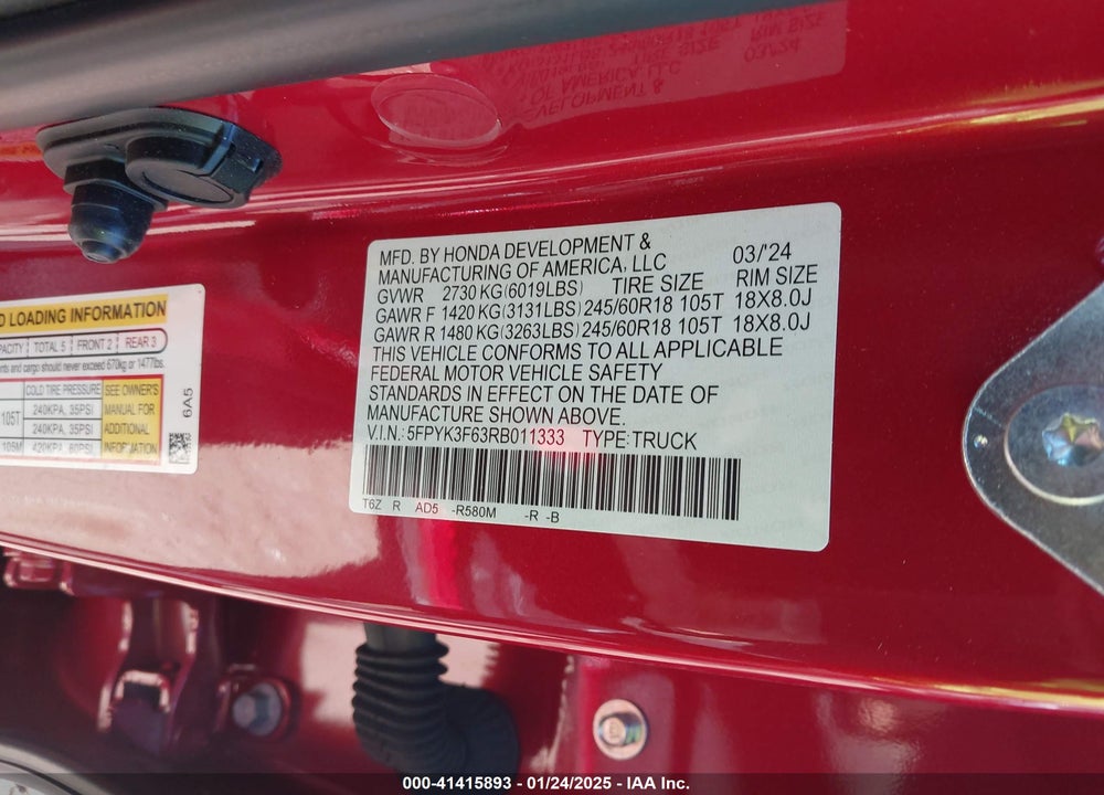 2024 HONDA RIDGELINE TRAILSPORT VIN: 5FPYK3F63RB011333