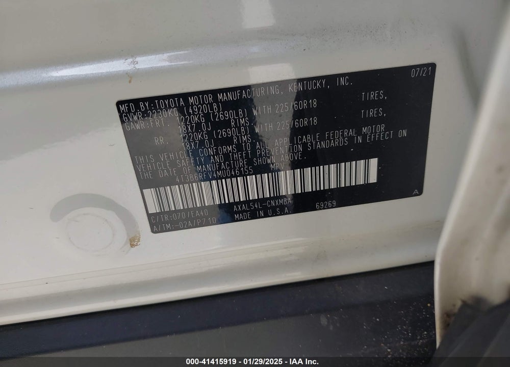 2021 TOYOTA RAV4 HYBRID XLE PREMIUM VIN: 4T3B6RFV4MU046155